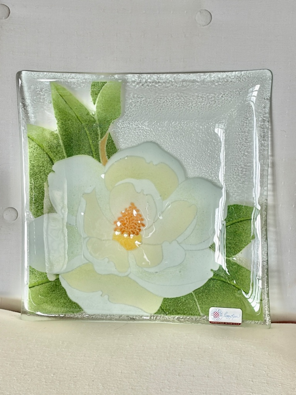 New! in Box NIB Peggy Karr Magnolia Flower Square Fused Art Plate 9.75" Signed